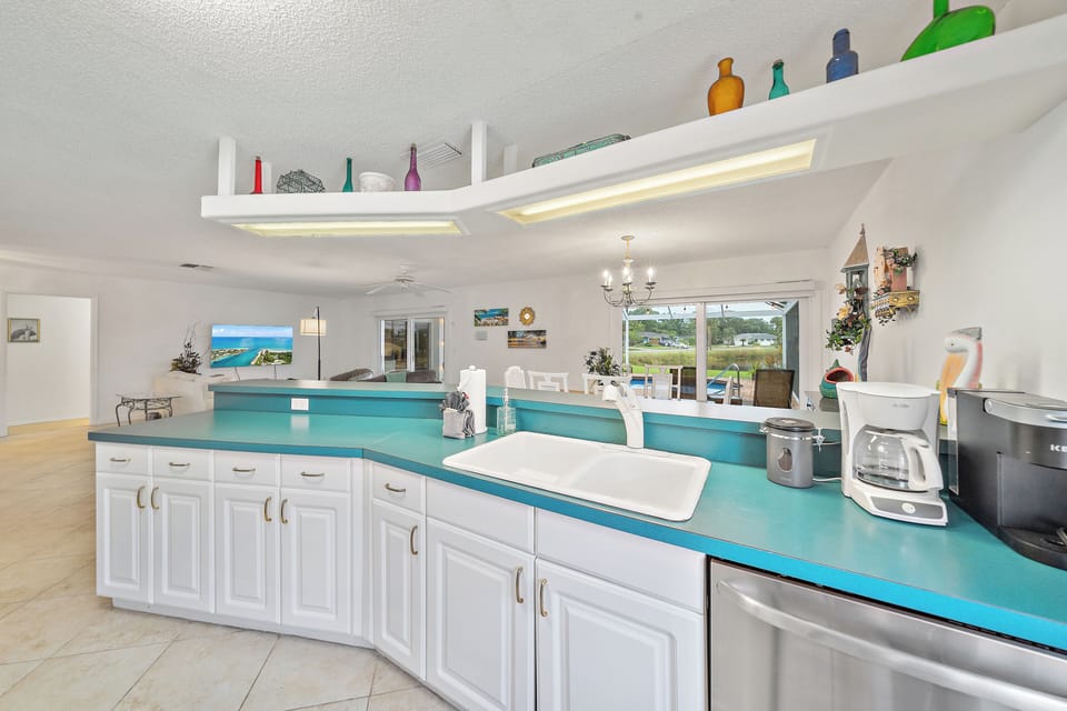Your kitchen is fully equipped, including a cute coffee bar station.