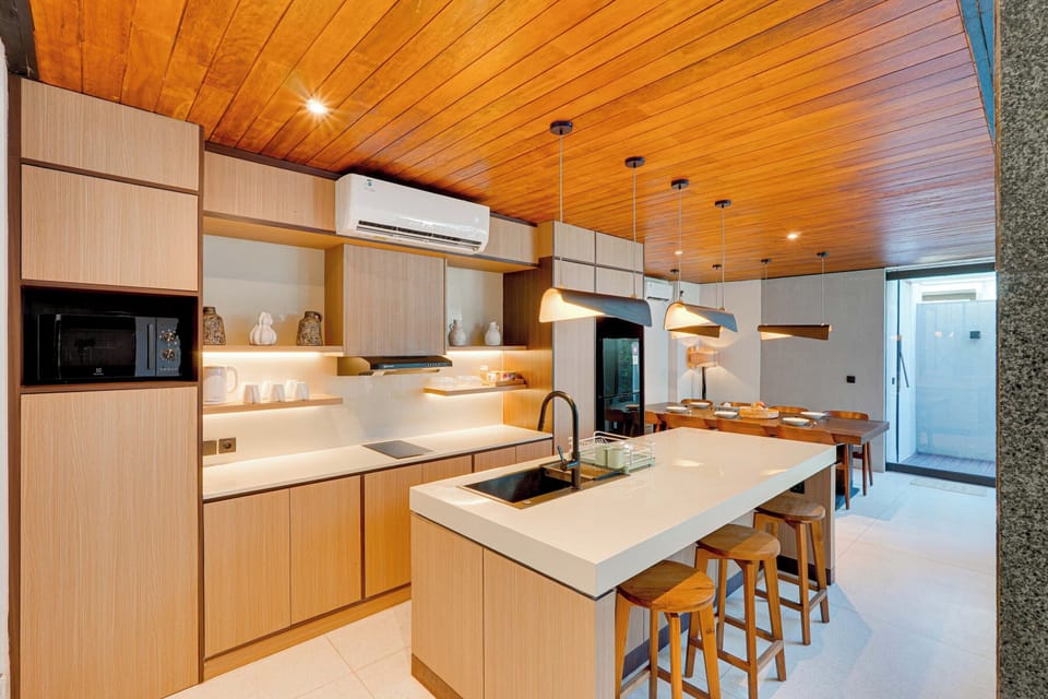 Villa, Pool View | Private kitchen | Fridge, microwave, stovetop, electric kettle
