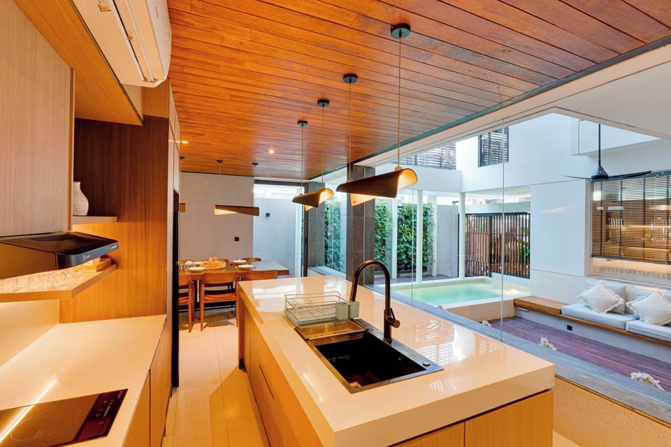 Villa, Pool View | Private kitchen | Fridge, microwave, stovetop, electric kettle