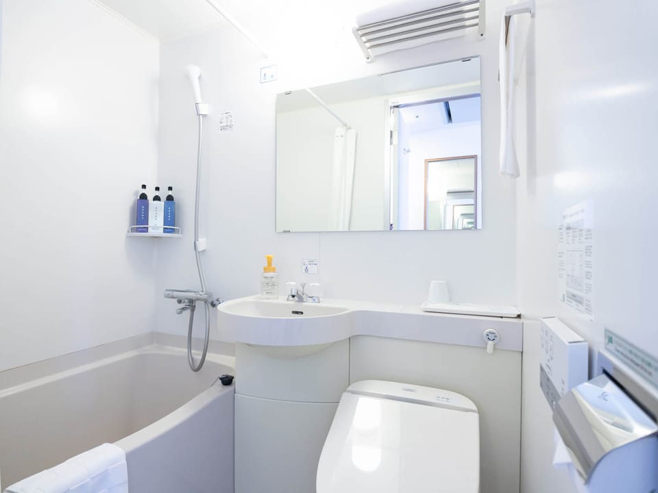 Combined shower/tub, deep soaking tub, free toiletries, hair dryer