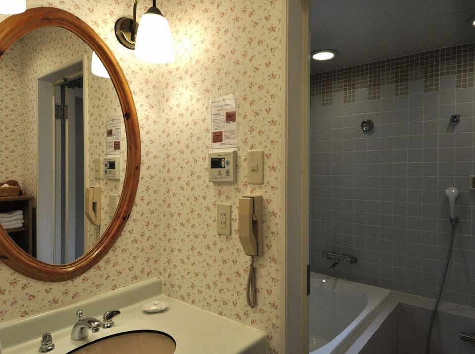 Separate tub and shower, deep soaking tub, free toiletries, hair dryer