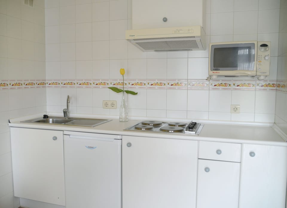 Espresso maker, full-size fridge, microwave, stovetop