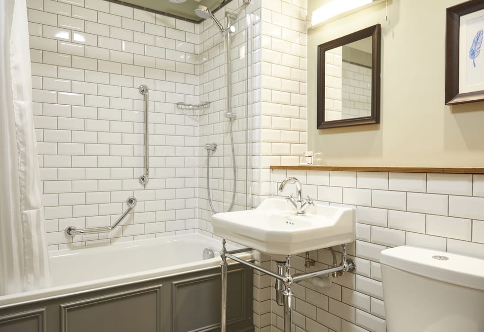 Combined shower/tub, free toiletries, hair dryer, towels