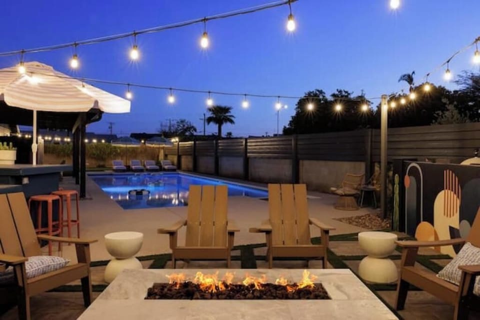 Gas fire pit for lounging on cooler desert nights.