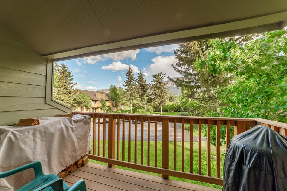 Private deck with seating area off the living room overlooking the beautiful mountains and trees. Private BBQ and stocked with free firewood.