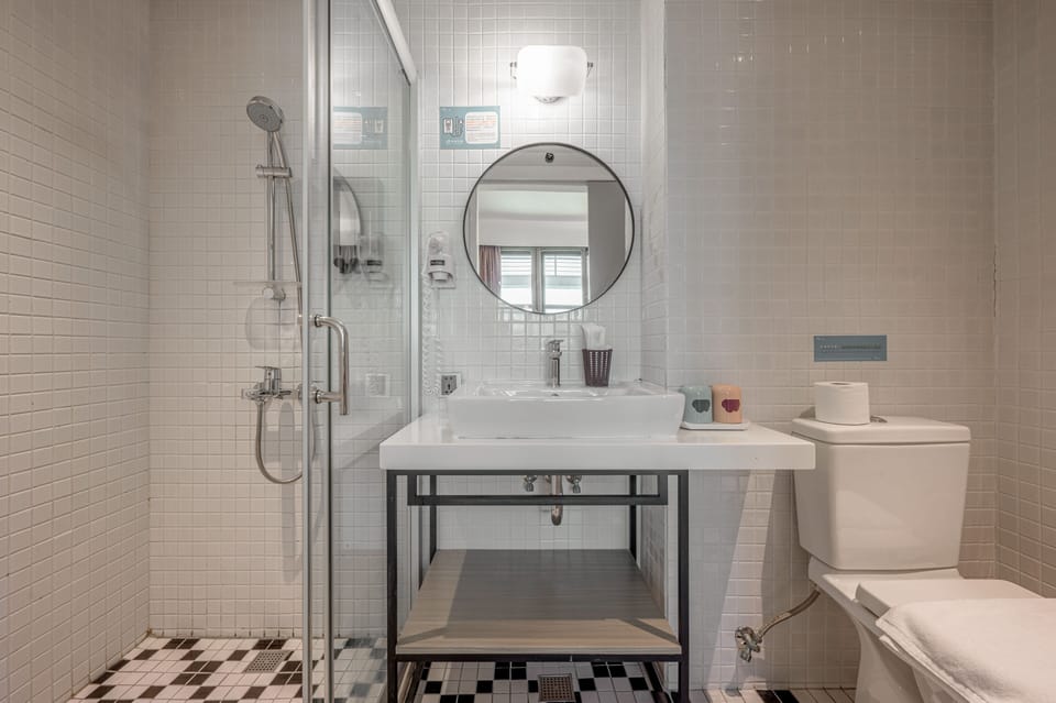 Shower, rainfall showerhead, hair dryer, slippers