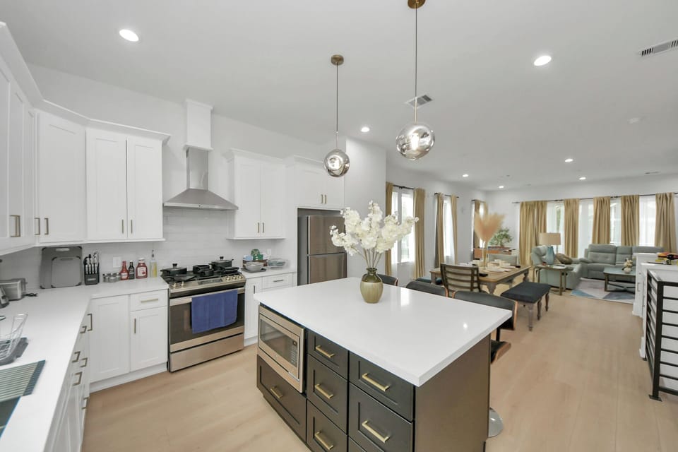 Completed with a refrigerator, microwave, oven, toaster, blender, waffle maker