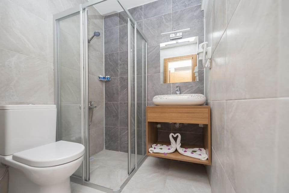 Shower, free toiletries, hair dryer, slippers