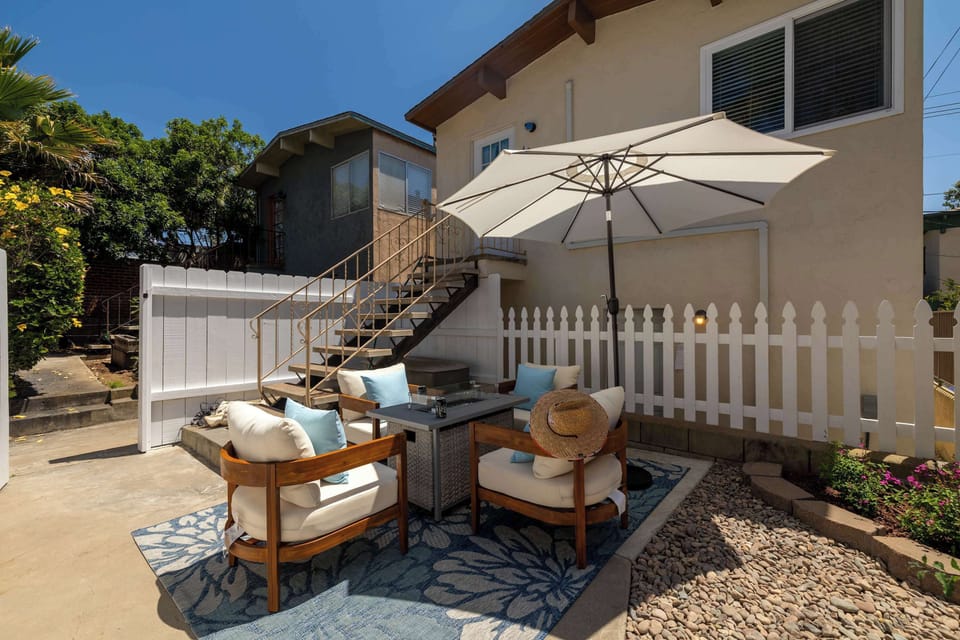Front patio with seating and fire pit