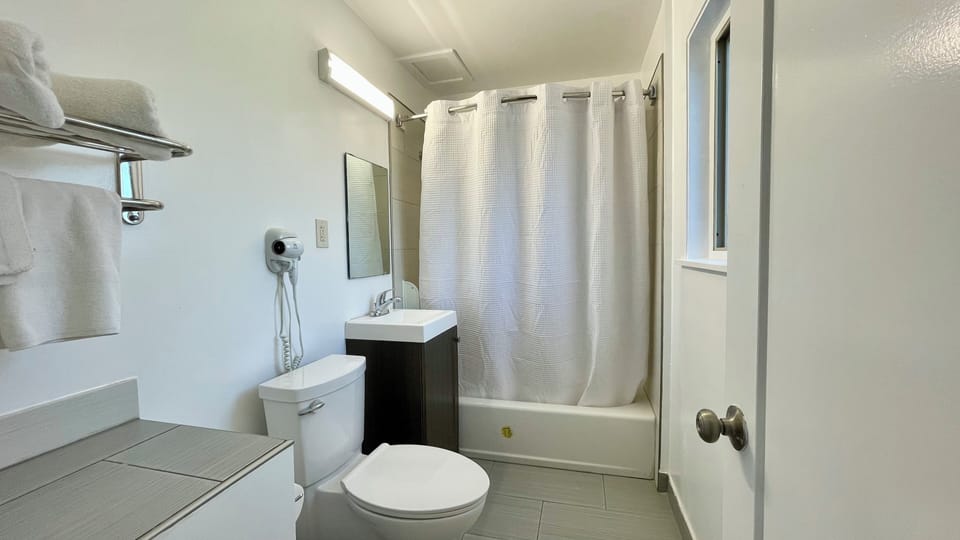 Basic Single Room, 1 King Bed, Refrigerator & Microwave | Bathroom | Combined shower/tub, free toiletries, hair dryer, towels