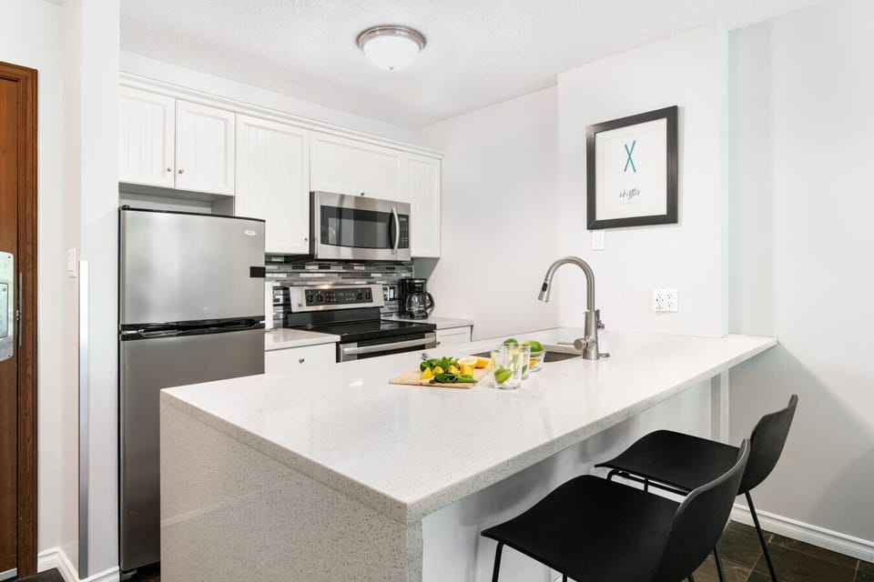 Kitchen with modern appliances, stocked essentials, and sleek countertops