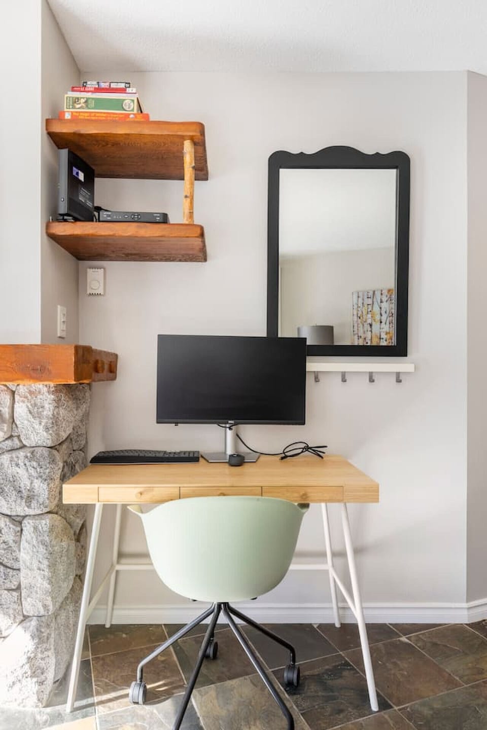 Office table with monitor and HDMI cable for work or streaming