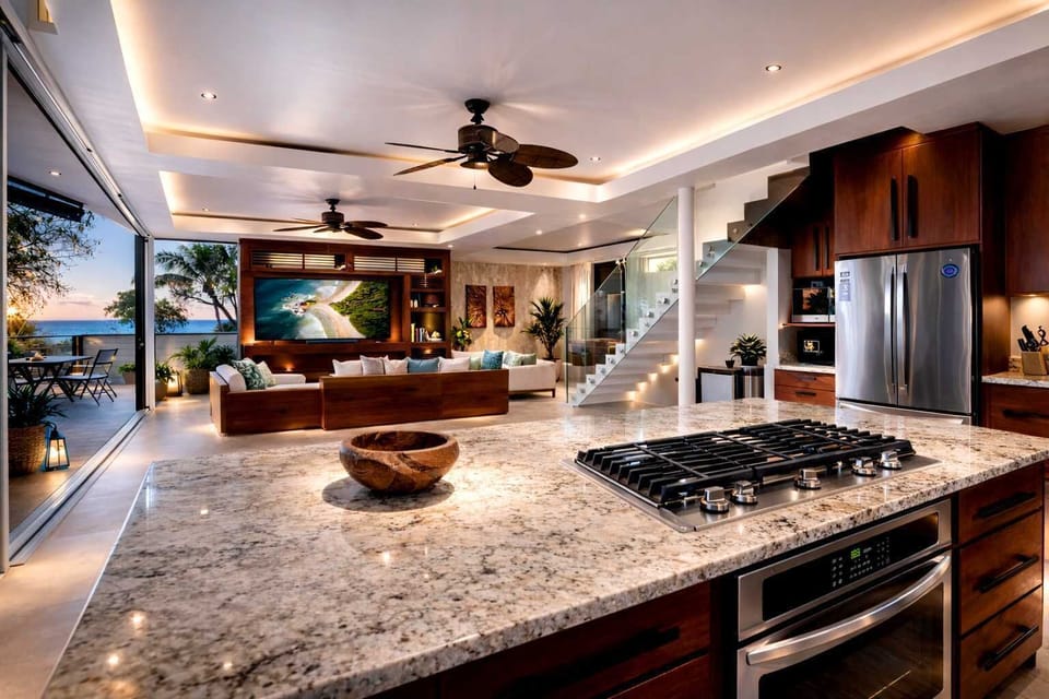 Fully Equipped Gourmet Kitchen with Custom Wood Island, Modern Appliances & Open-Concept Design for Entertaining