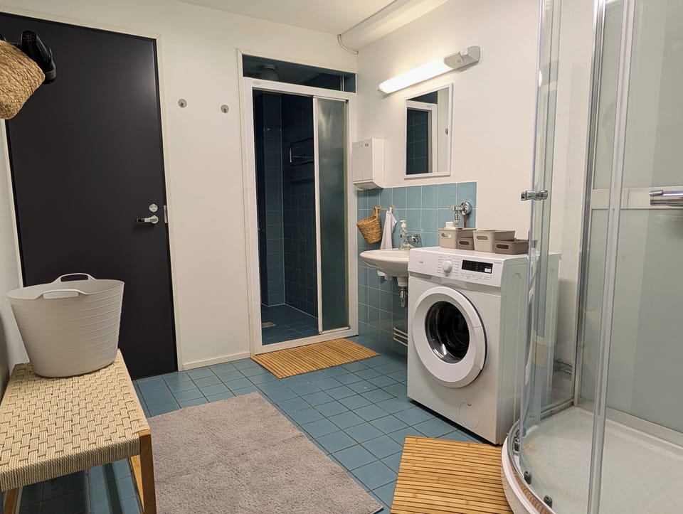 Hair dryer, bidet, towels, soap