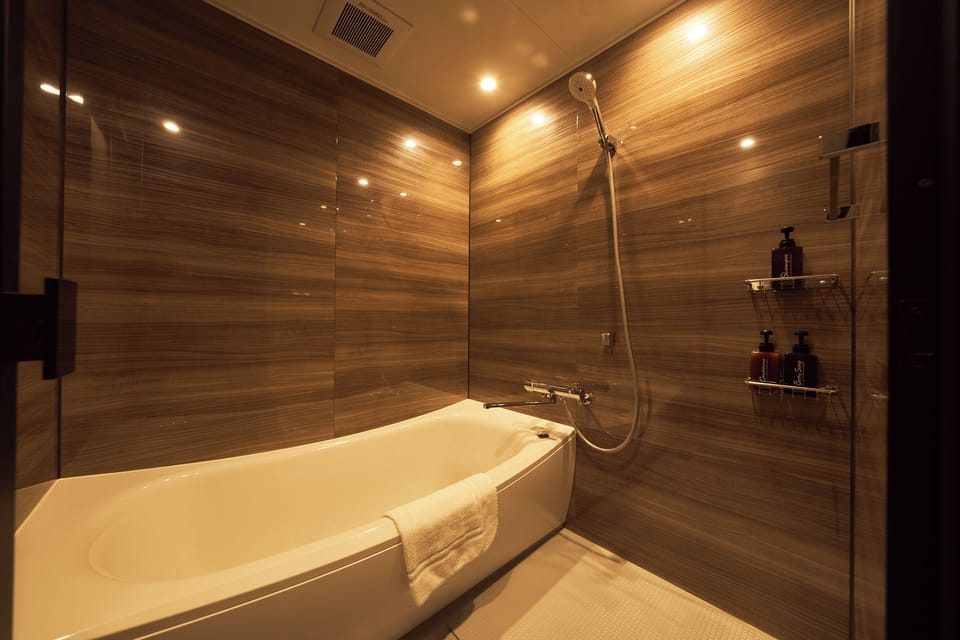 Combined shower/tub, hair dryer, slippers, towels