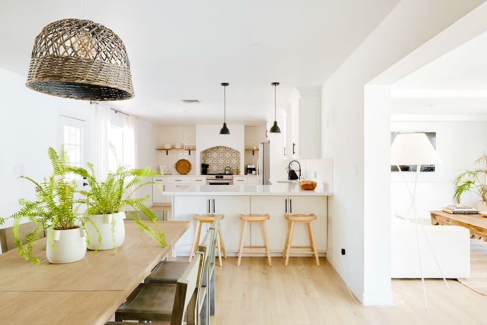 Open kitchen and dining room make meals at home easy.