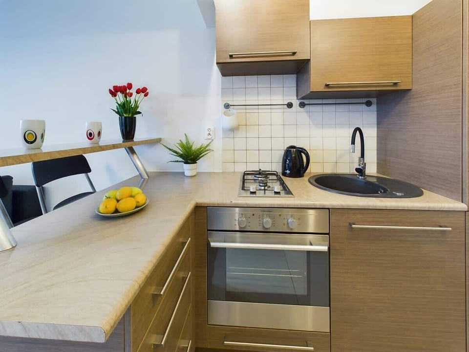 Kitchenette with an electric kettle, refrigerator with freezer, gas cooktop, microwave, oven