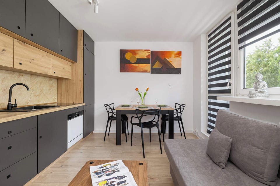 Living room with a fold-out sofa bed, Smart TV and kitchenette with dining area.
