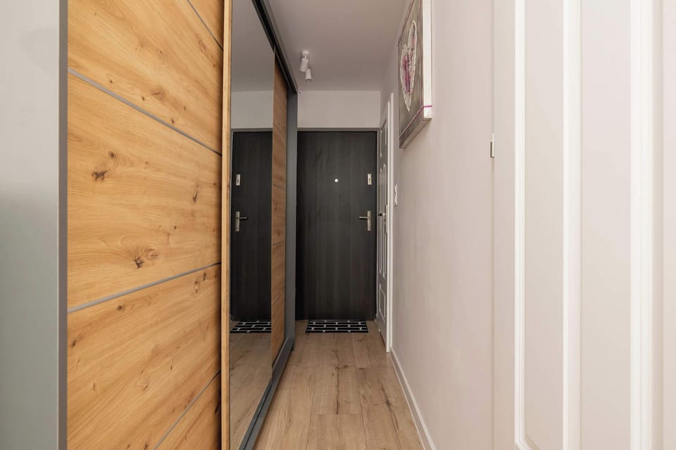 Hallway with closet and mirror.
