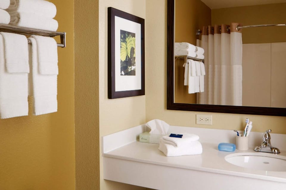 Combined shower/tub, free toiletries, hair dryer, towels