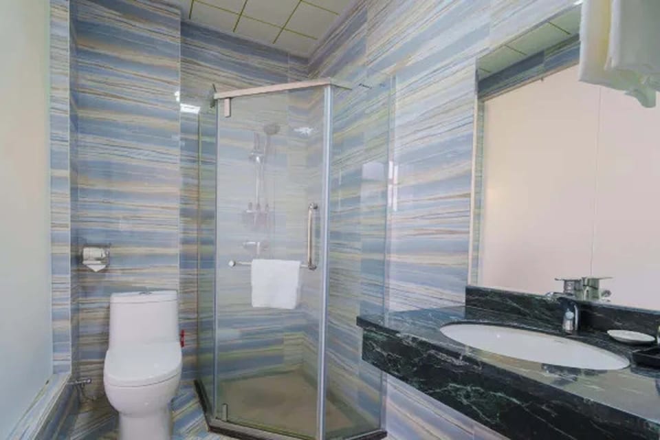 Shower, free toiletries, hair dryer, slippers