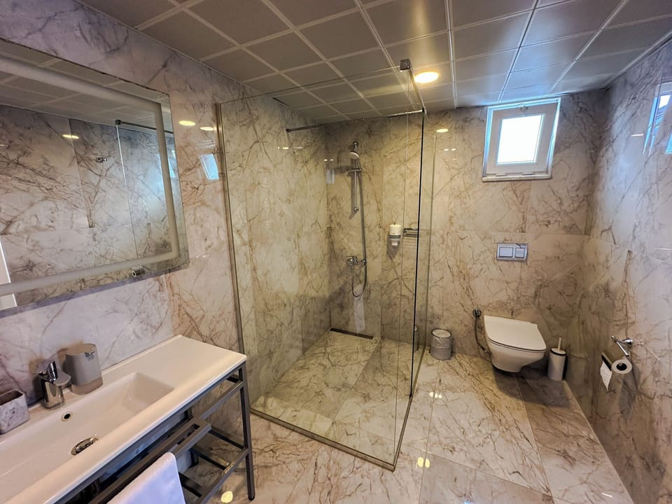Deluxe Room | Bathroom | Hair dryer, towels, soap, shampoo
