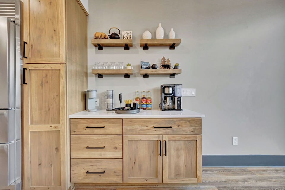 coffee bar area with Starbucks and Dunkin Donut k cups and assorted teas