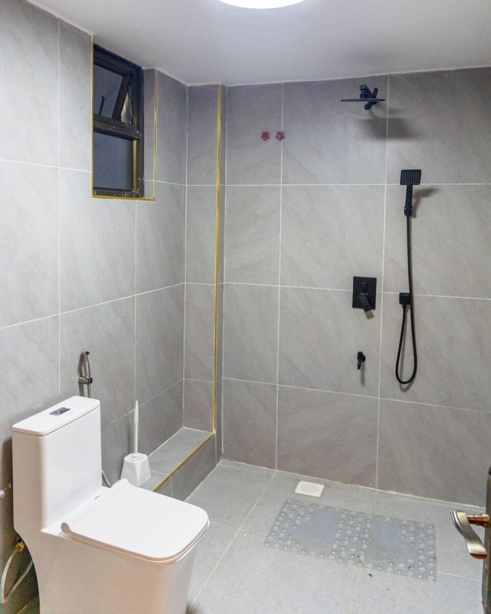 Shower, slippers, towels, soap