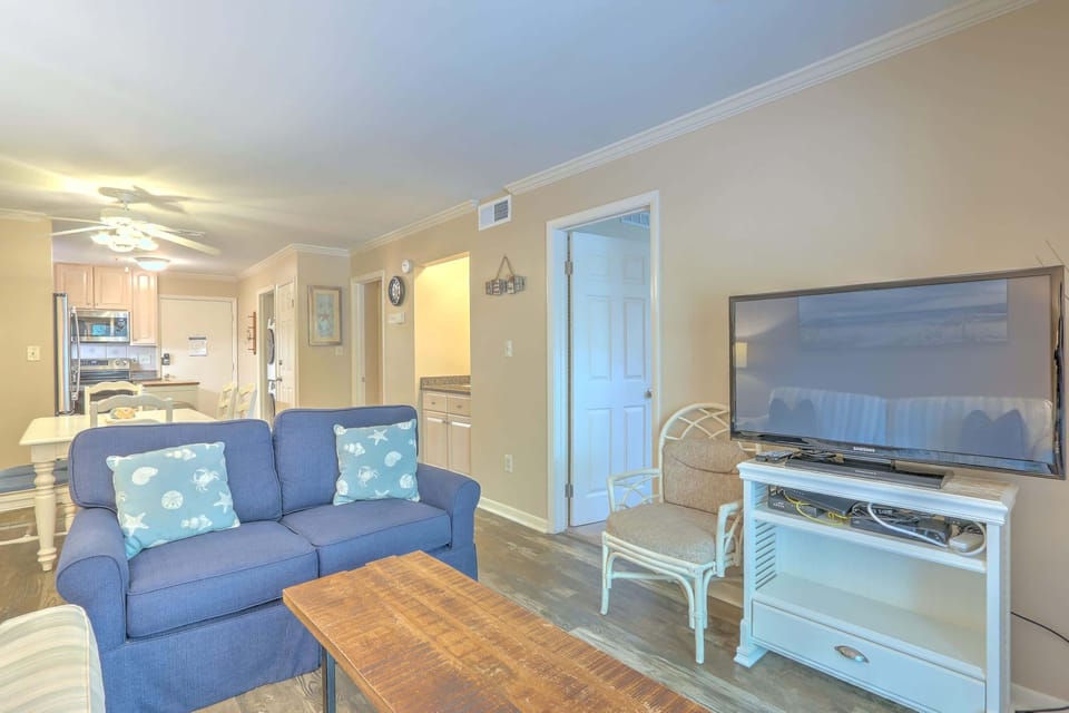 Curl up in the living room (queen sized pull-out couch) & stream all your favorite entertainment