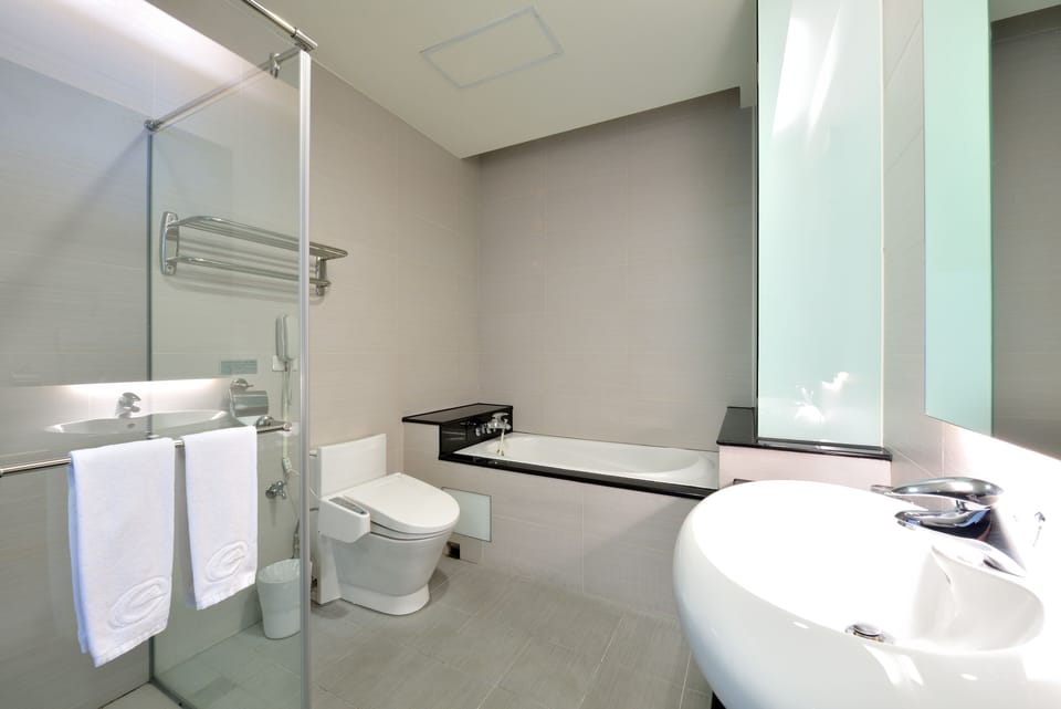 Separate tub and shower, deep soaking tub, free toiletries, hair dryer