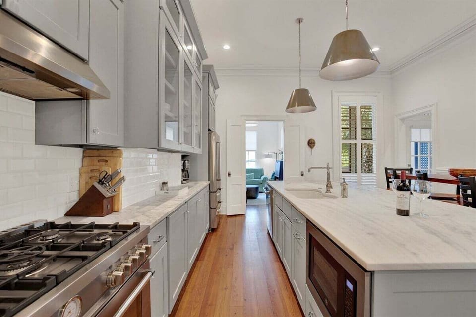 Oversized island perfect for prepping, dining, or sipping wine.