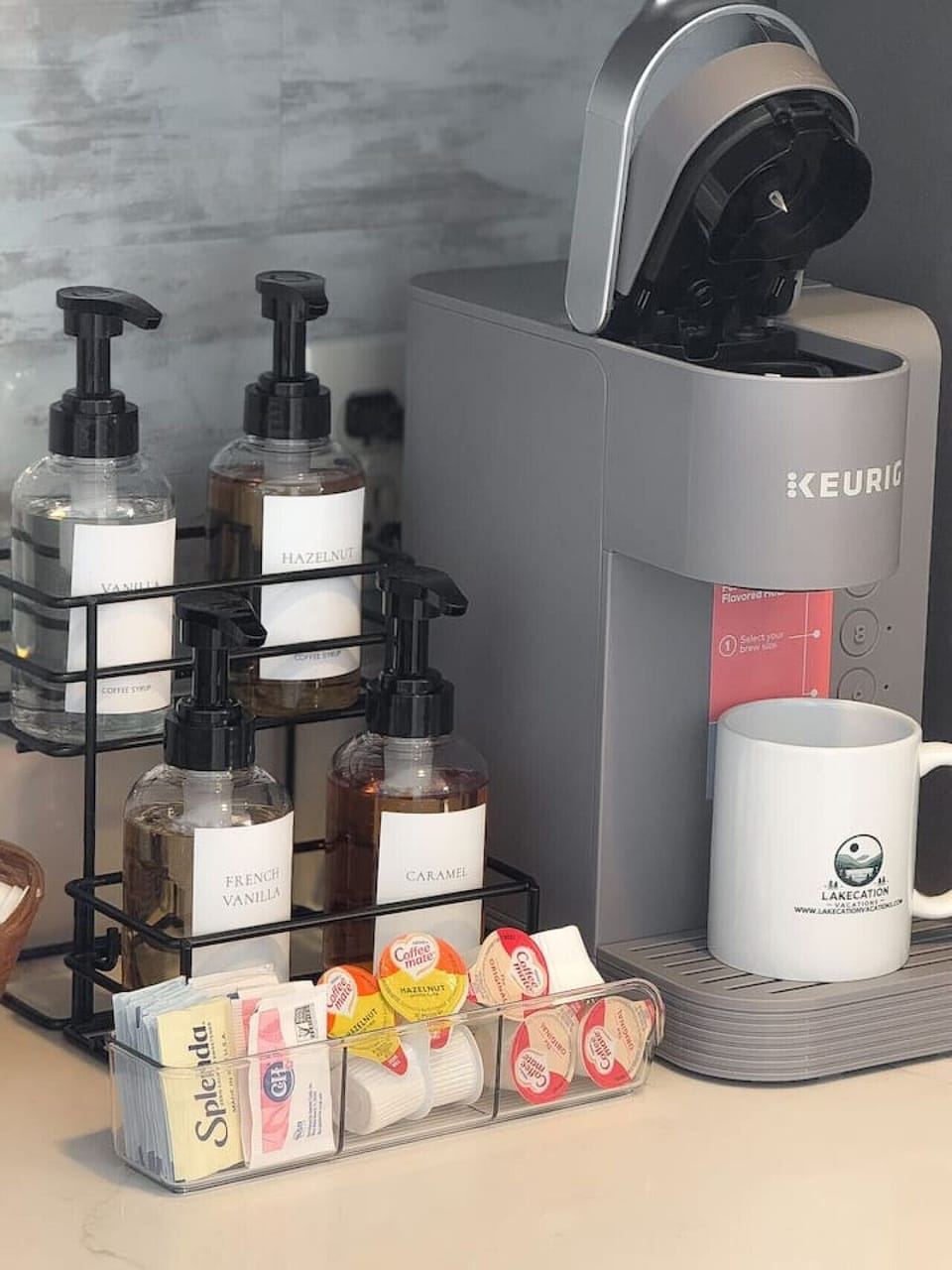 Gourmet coffee bar stocked with essentials.