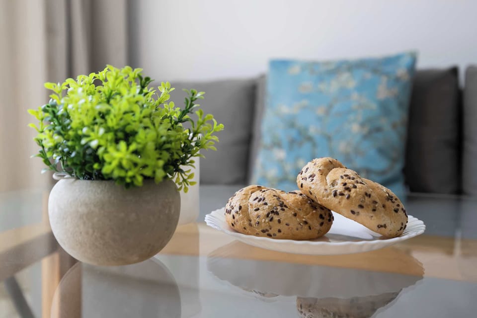 A close-up shot on the glass coffee table focuses on a plate holding two seeded bagels next to a small potted green plant. In the blurred background, a blue patterned cushion rests on the grey couch.