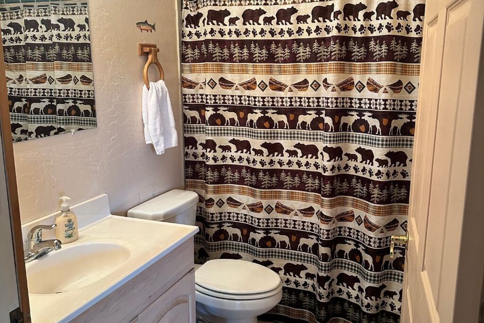 Full bathroom with sink, shower, and toilet. 