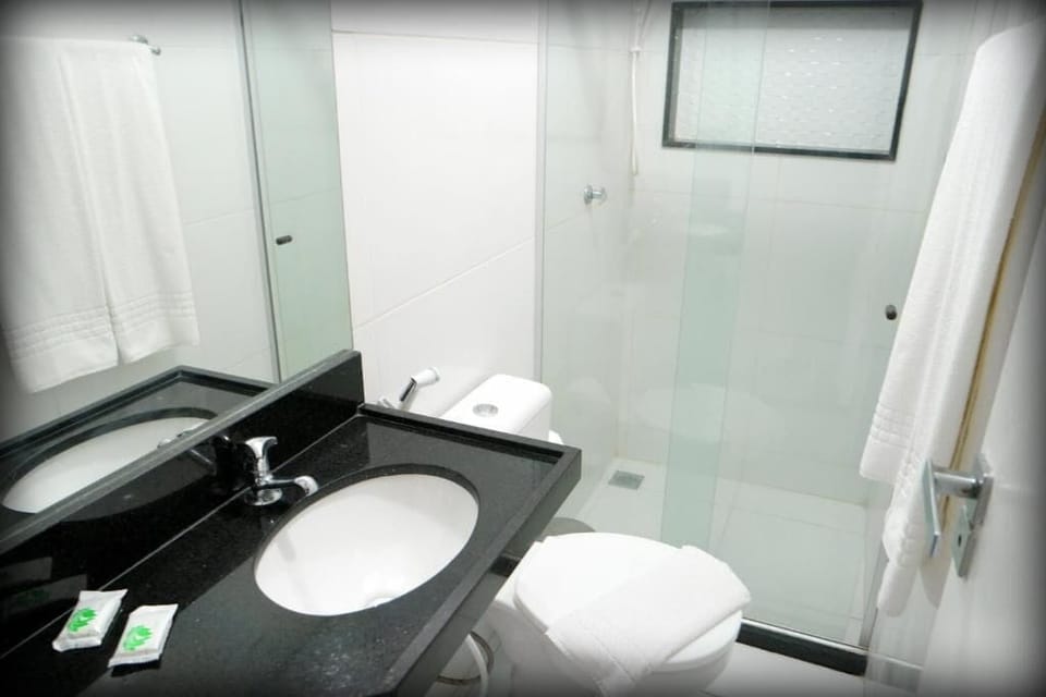 Shower, towels, soap, toilet paper