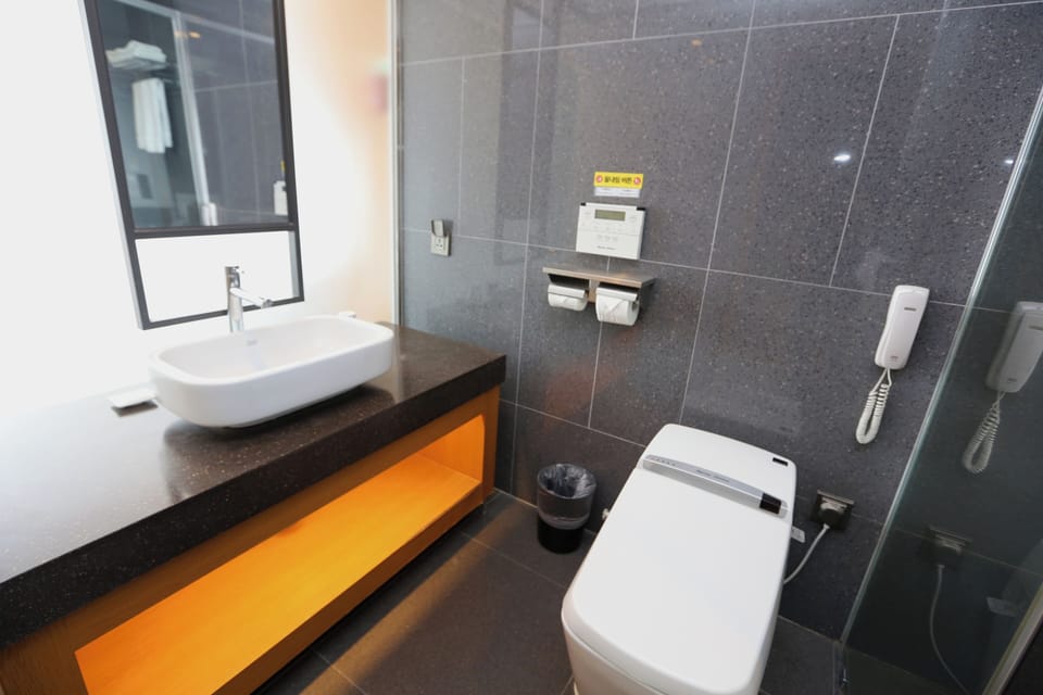 Hair dryer, slippers, towels, soap