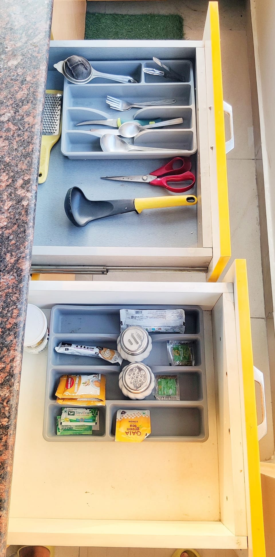 Microwave, Kettle, Induction plate, Sugar, Salt, Tea, forks, Spoons, RO etc.