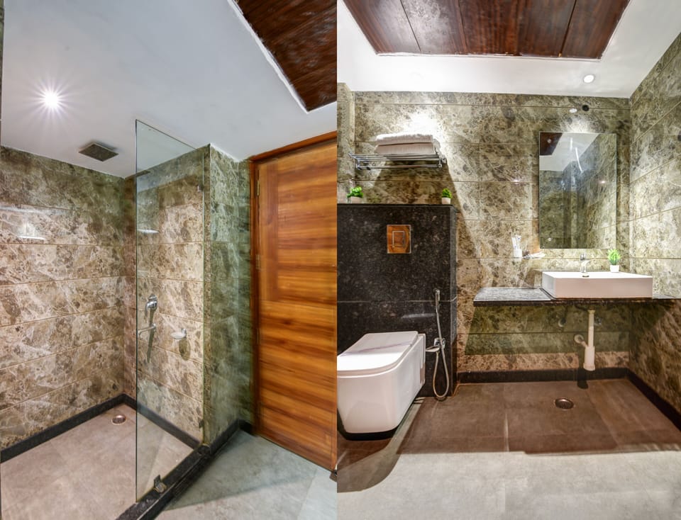 Shower, free toiletries, hair dryer, slippers