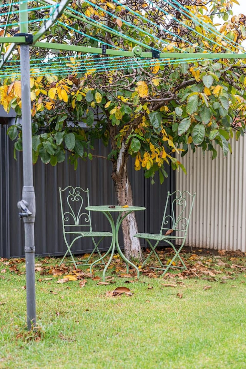Enjoy a tranquil escape with a cup of tea under the autumn leaves in your private backyard.