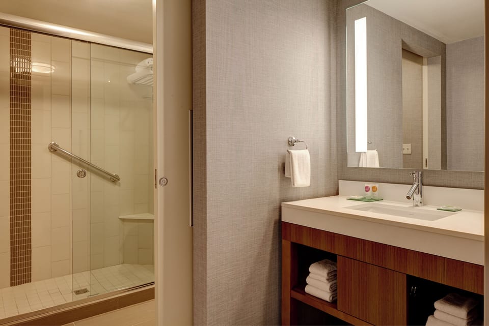 Shower, rainfall showerhead, hair dryer, towels