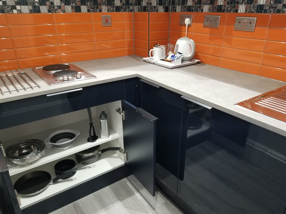 Fridge, microwave, electric kettle