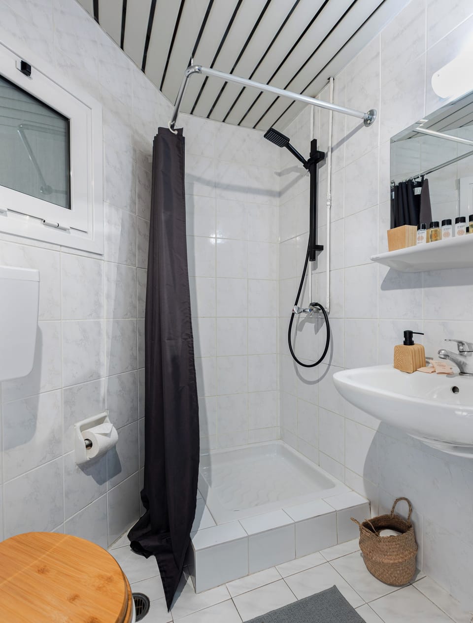 Shower, hydromassage showerhead, designer toiletries, hair dryer