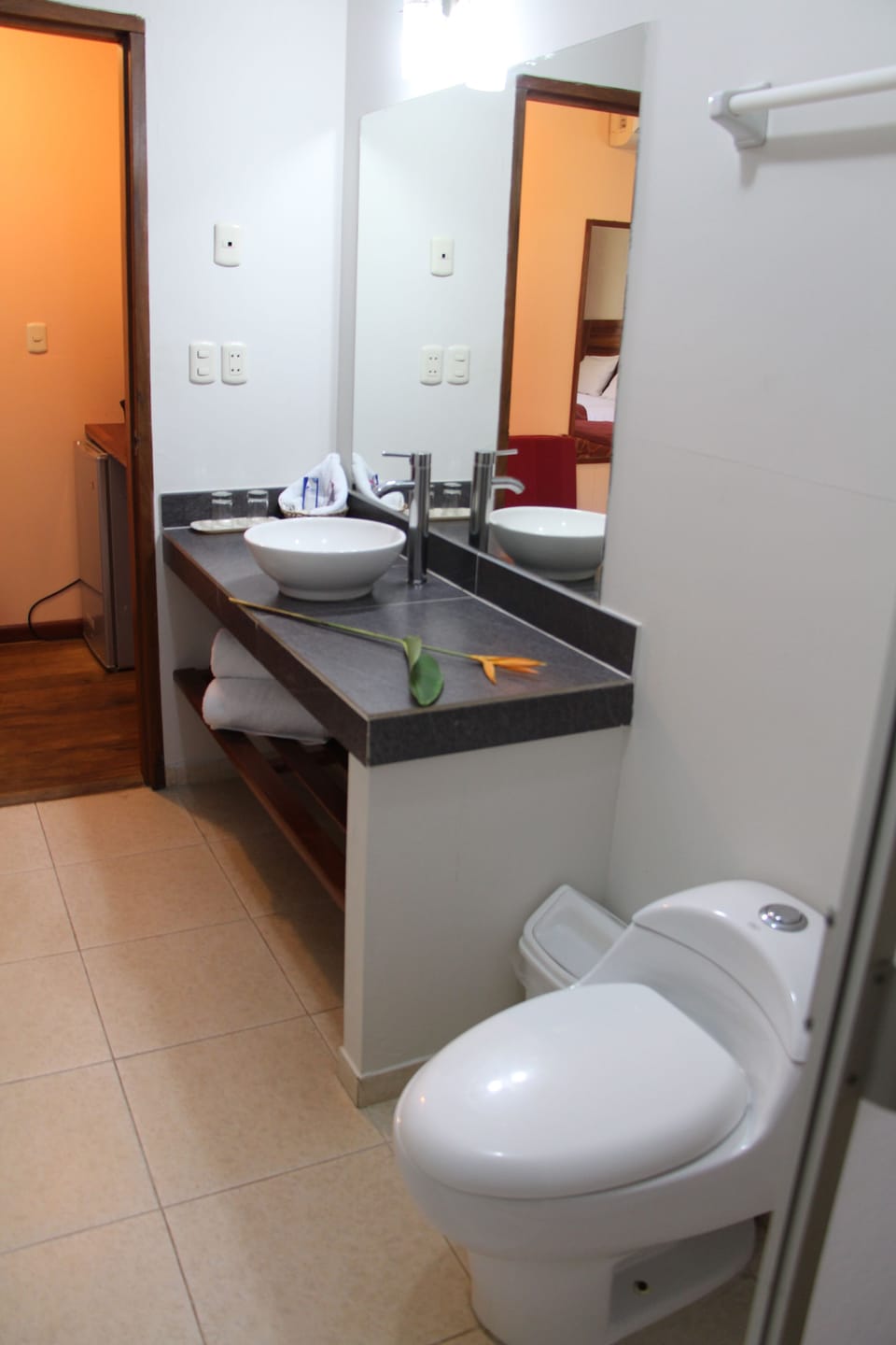 Combined shower/tub, free toiletries, towels