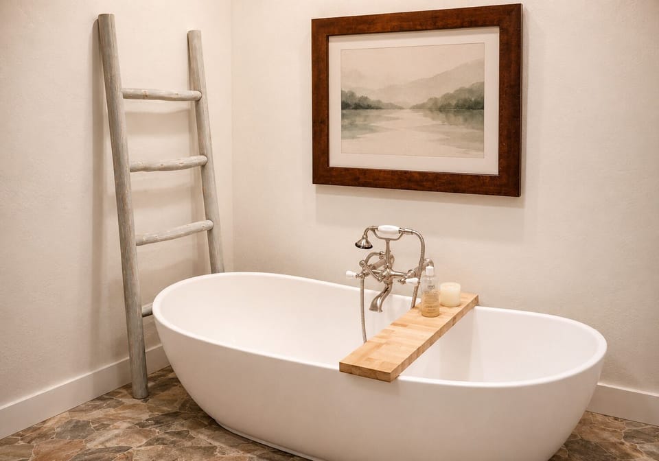 Soaking tub in primary bedroom with handheld showerhead