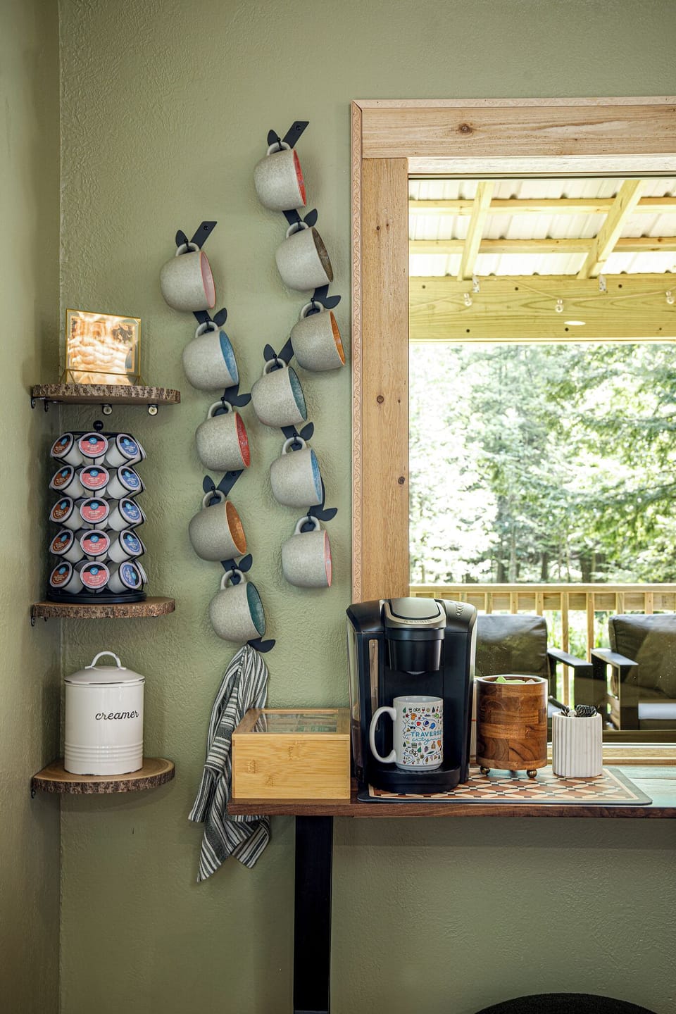 Our coffee bar is fully stocked with creamer, sugar, Keurig coffees, and teas.