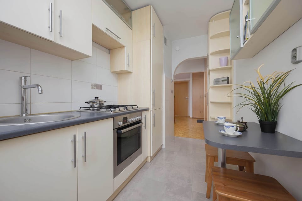 A modern kitchen equipped with cabinets, a stove, oven, and ample countertop space.