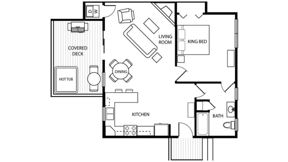 Get the full picture before you arrive: single-level layout with the covered deck and hot tub on one end, king bedroom on the other, kitchen and living room connecting everything.
