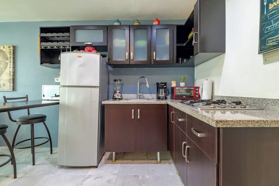 This perspective highlights the granite-style countertops and well-organized storage, equipped with a gas stovetop, microwave, and full-sized refrigerator.