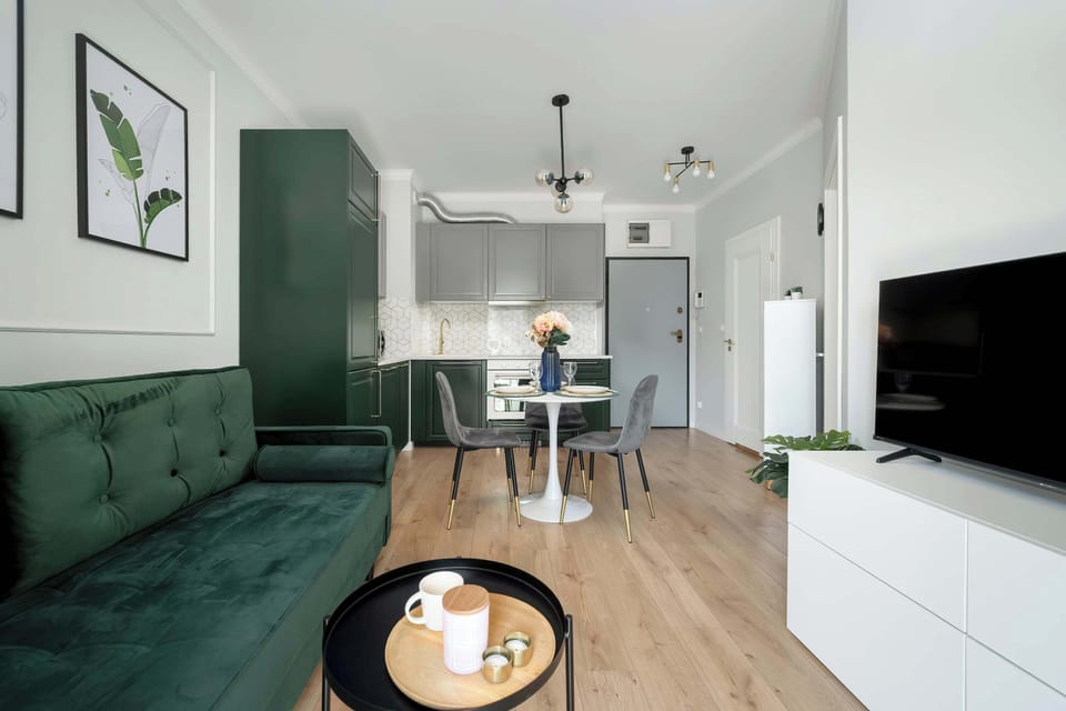 The living area features a sleek coffee table and a flat-screen television.