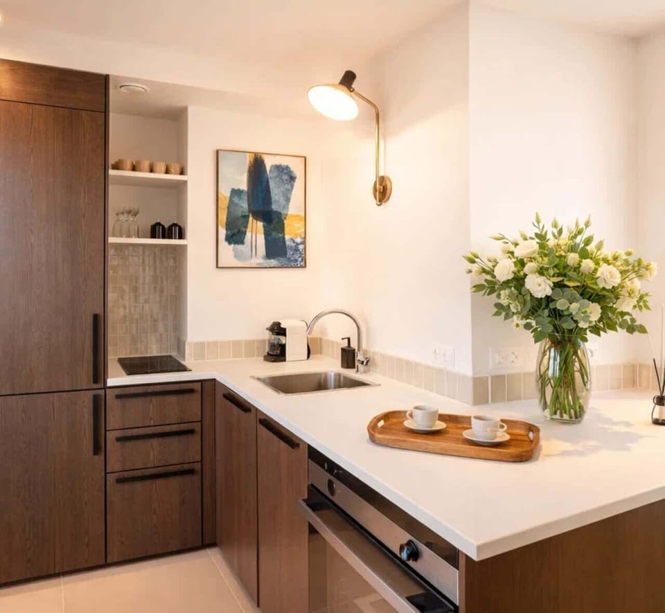 The kitchen has storage space as well
